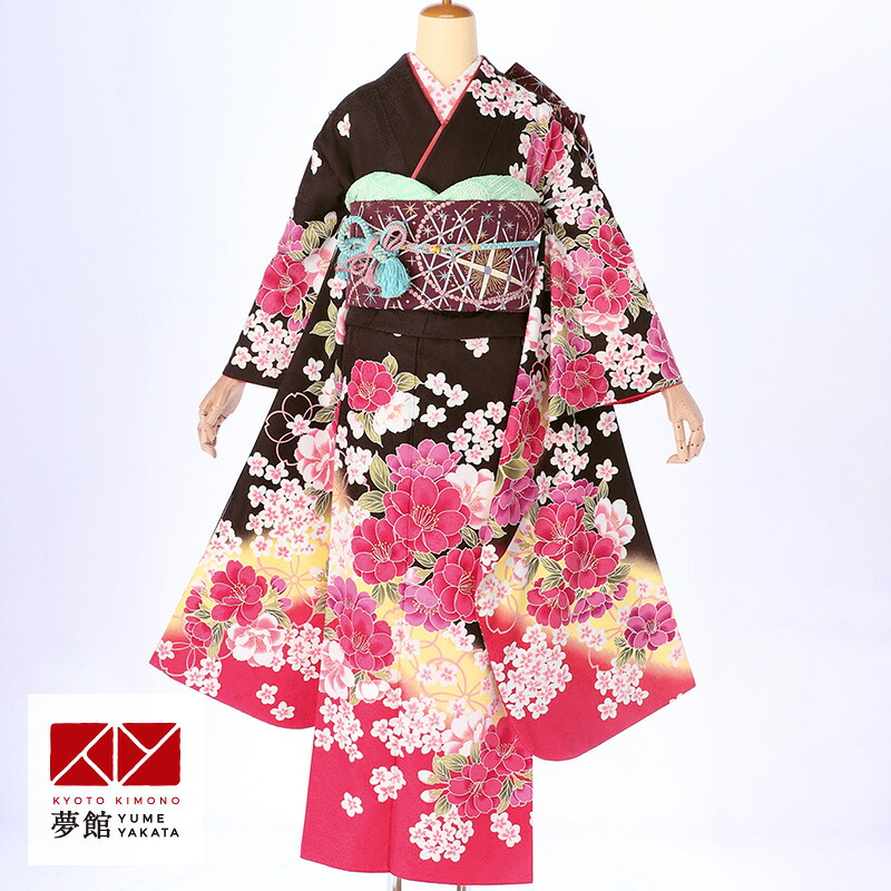 【振袖 レンタル】 結婚式 結納R238黒茶　赤ぼかし　乙女桜 振袖 レンタル フルセット ふりそで 振り袖 結婚式 披露宴 親族 卒業式 パーティー 結納 着物レンタル 貸衣装 女性 和服 往復送料無料