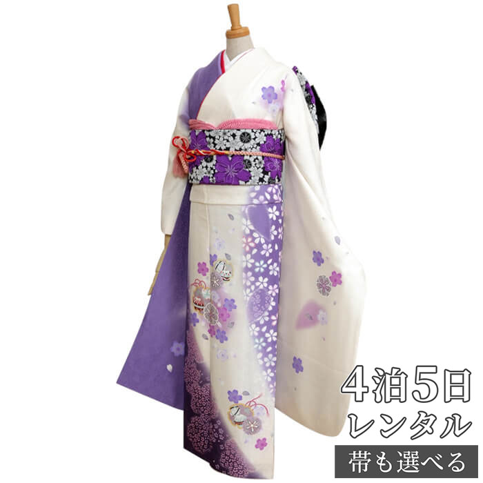【振袖 レンタル】 結婚式 結納R248 正絹 白×藤紫　桜と鞠 振袖 レンタル フルセット ふりそで 振り袖 結婚式 披露宴 親族 卒業式 パーティー 結納 着物レンタル 貸衣装 女性 和服 往復送料無料