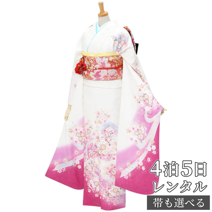 【振袖 レンタル】 結婚式 結納R254 正絹 白　ピンク桜と蝶々のメルヘン 振袖 レンタル フルセット ふりそで 振り袖 結婚式 披露宴 親族 卒業式 パーティー 結納 着物レンタル 貸衣装 女性 和服 往復送料無料