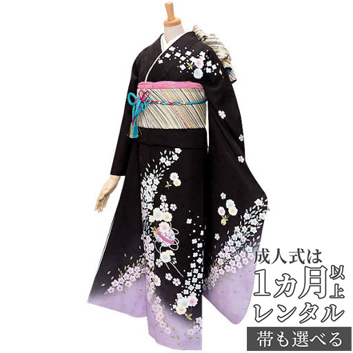 【成人式 振袖 レンタル】RS268 正絹 黒紫ぼかし 桜と鈴フルセット 往復送料無料 /女性和服/結婚式 和服 着物セット/小物 セット 振り袖 【レンタル】