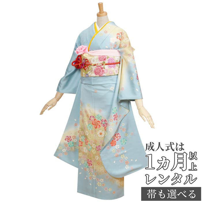 【成人式 振袖 レンタル】RS282 正絹 水色　ねじり梅と桜フルセット 往復送料無料 /女性和服/結婚式 和服 着物セット/小物 セット 振り袖 【レンタル】【訳あり】｜京都着物レンタル夢館