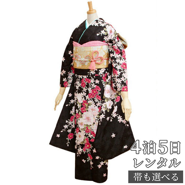 【振袖 レンタル】 結婚式 結納R314黒　椿と花の調べ 振袖 レンタル フルセット ふりそで 振り袖 結婚式 披露宴 親族 卒業式 パーティー 結納 着物レンタル 貸衣装 女性 和服 往復送料無料【訳あり】