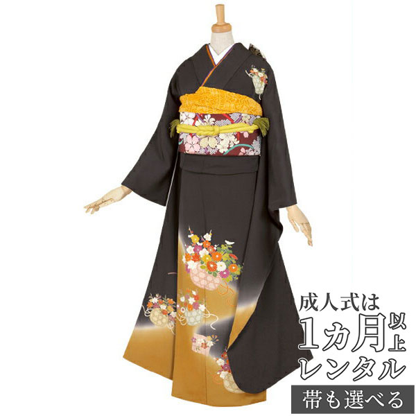 【成人式 振袖 レンタル】RS344 正絹 黒 花籠フルセット 往復送料無料 /女性和服/結婚式 和服 着物セット/小物 セット 振り袖 【レンタル】【訳あり】|京都着物レンタル夢館