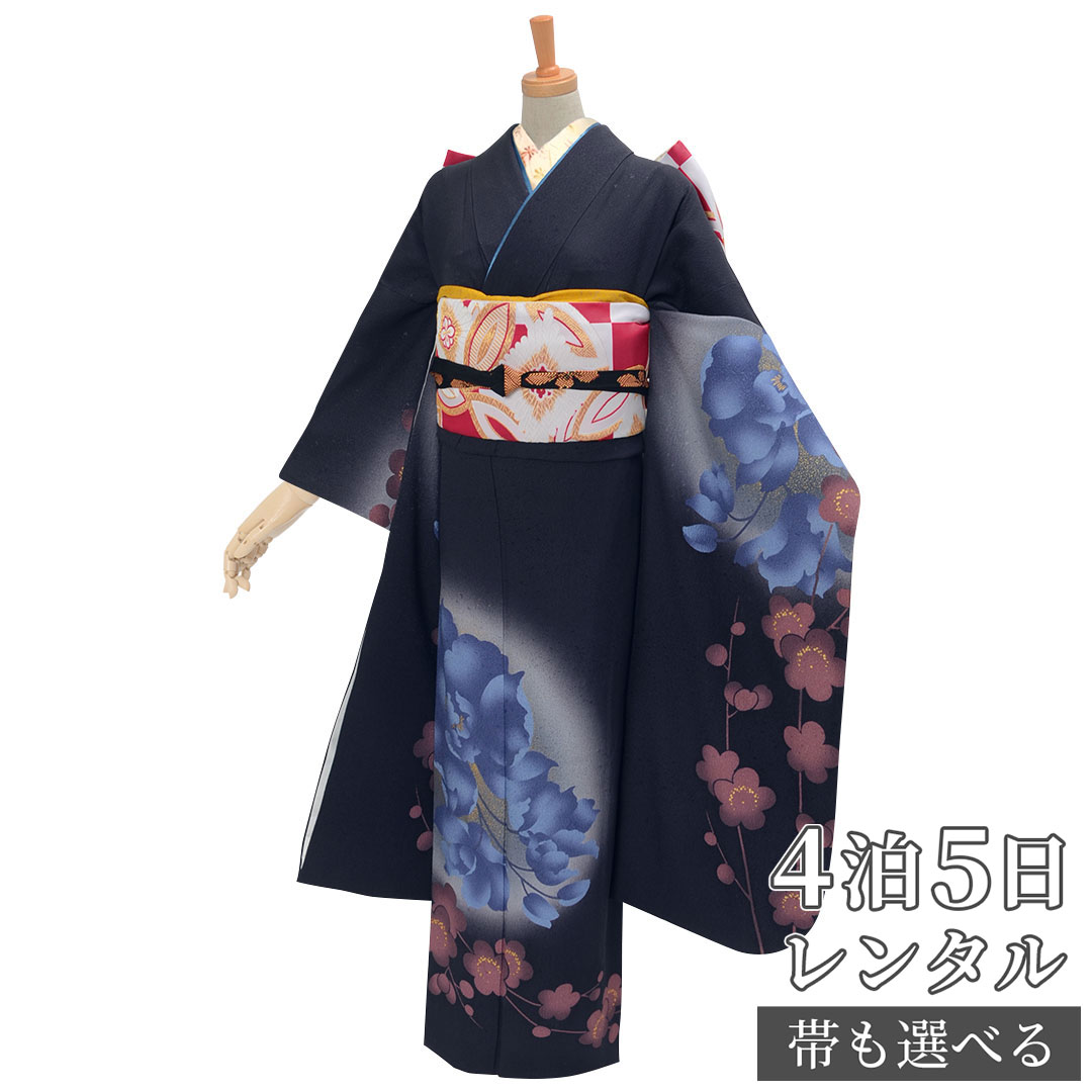 【振袖 レンタル】 結婚式 結納R350 正絹 黒　梅と牡丹 振袖 レンタル フルセット ふりそで 振り袖 結婚式 披露宴 親族 卒業式 パーティー 結納 着物レンタル 貸衣装 女性 和服 往復送料無料【訳あり】