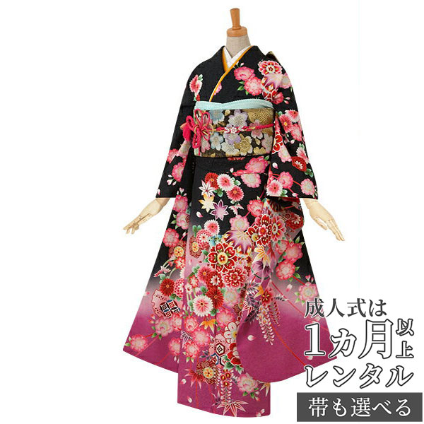 【成人式 振袖 レンタル】RS363 正絹 黒　雪輪と手鞠に八重桜フルセット 往復送料無料 /女性和服/結婚式 和服 着物セット/小物 セット 振り袖 【レンタル】【訳あり】