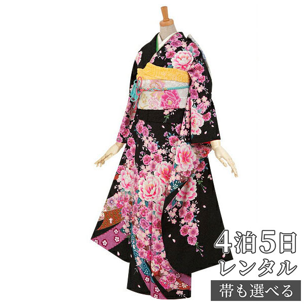 【振袖 レンタル】 結婚式 結納R369 正絹 黒　熨斗目と八重桜尽し 振袖 レンタル フルセット ふりそで 振り袖 結婚式 披露宴 親族 卒業式 パーティー 結納 着物レンタル 貸衣装 女性 和服 往復送料無料 11,520円