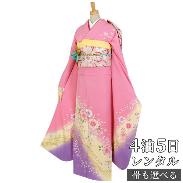 【振袖 レンタル】 結婚式 結納R374 正絹 ピンク　金蒔流水に桜 振袖 レンタル フルセット ふりそで 振り袖 結婚式 披露宴 親族 卒業式 パーティー 結納 着物レンタル 貸衣装 女性 和服 往復送料無料【訳あり】
