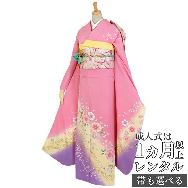 【成人式 振袖 レンタル】RS374 正絹 ピンク　金蒔流水に桜フルセット 往復送料無料 /女性和服/結婚式 和服 着物セット/小物 セット 振り袖 【レンタル】【訳あり】