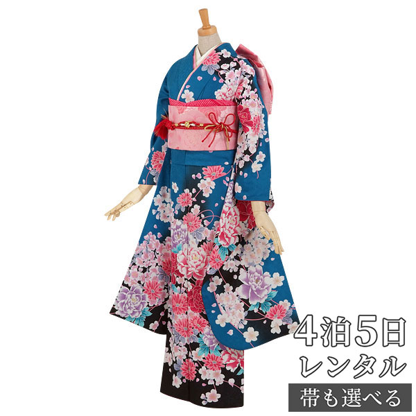 【振袖 レンタル】 結婚式 結納R400青　華麗な牡丹と小桜 振袖 レンタル フルセット ふりそで 振り袖 結婚式 披露宴 親族 卒業式 パーティー 結納 着物レンタル 貸衣装 女性 和服 往復送料無料