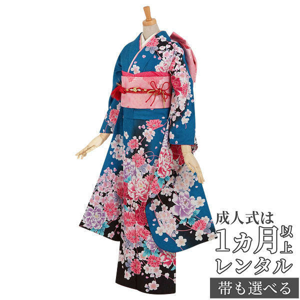 【成人式 振袖 レンタル】RS400青　華麗な牡丹と小桜フルセット 往復送料無料 /女性和服/結婚式 和服 着物セット/小物 セット 振り袖 【レンタル】