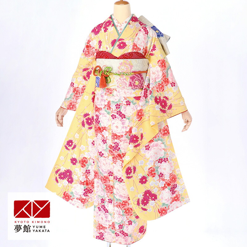 【成人式 振袖 レンタル】RS420クリーム　牡丹に小桜フルセット 往復送料無料 /女性和服/結婚式 和服 着物セット/小物 セット 振り袖 【レンタル】