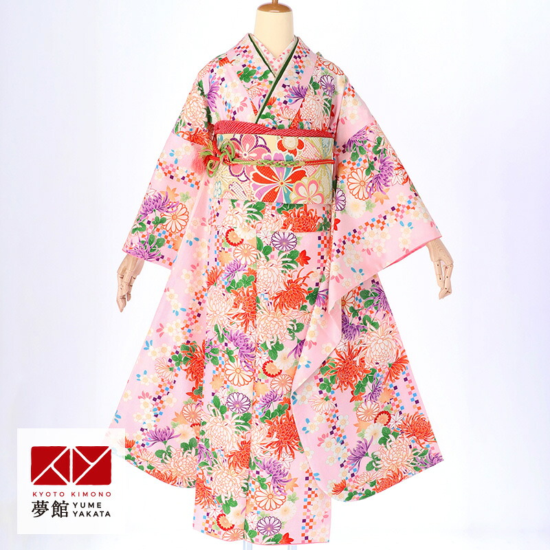 【振袖 レンタル】 結婚式 結納R426ピンク　市松に菊と小桜 振袖 レンタル フルセット ふりそで 振り袖 結婚式 披露宴 親族 卒業式 パーティー 結納 着物レンタル 貸衣装 女性 和服 往復送料無料
