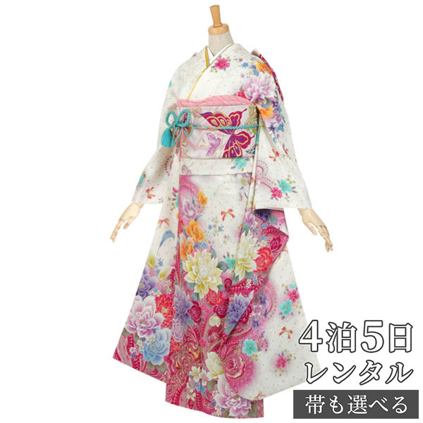 【振袖 レンタル】 結婚式 結納R444 正絹 白　ダリアと薔薇 Asuka 振袖 レンタル フルセット ふりそで 振り袖 結婚式 披露宴 親族 卒業式 パーティー 結納 着物レンタル 貸衣装 女性 和服 往復送料無料