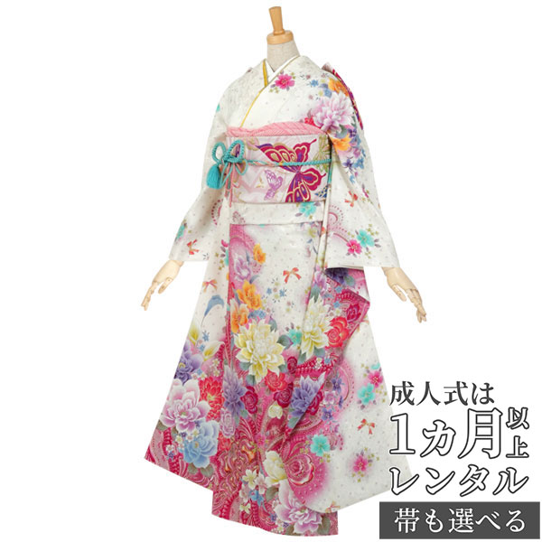 【成人式 振袖 レンタル】RS444 正絹 白　ダリアと薔薇 Asuka フルセット 往復送料無料 /女性和服/結婚式 和服 着物セット/小物 セット 振り袖 【レンタル】