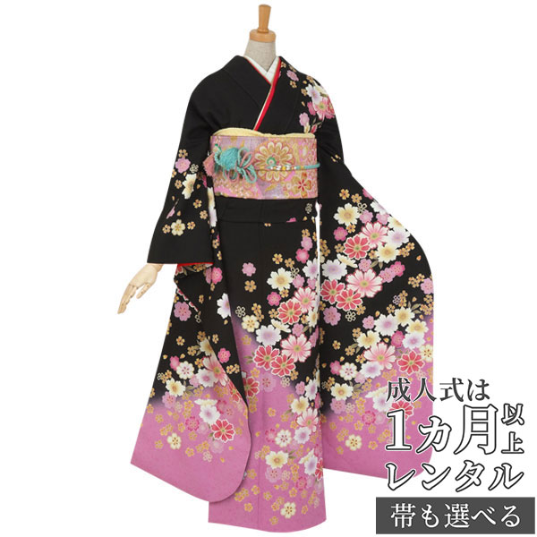【成人式 振袖 レンタル】RS455 正絹 黒　コスモスと桜フルセット 往復送料無料 /女性和服/結婚式 和服 着物セット/小物 セット 振り袖 【レンタル】【訳あり】 17,324円