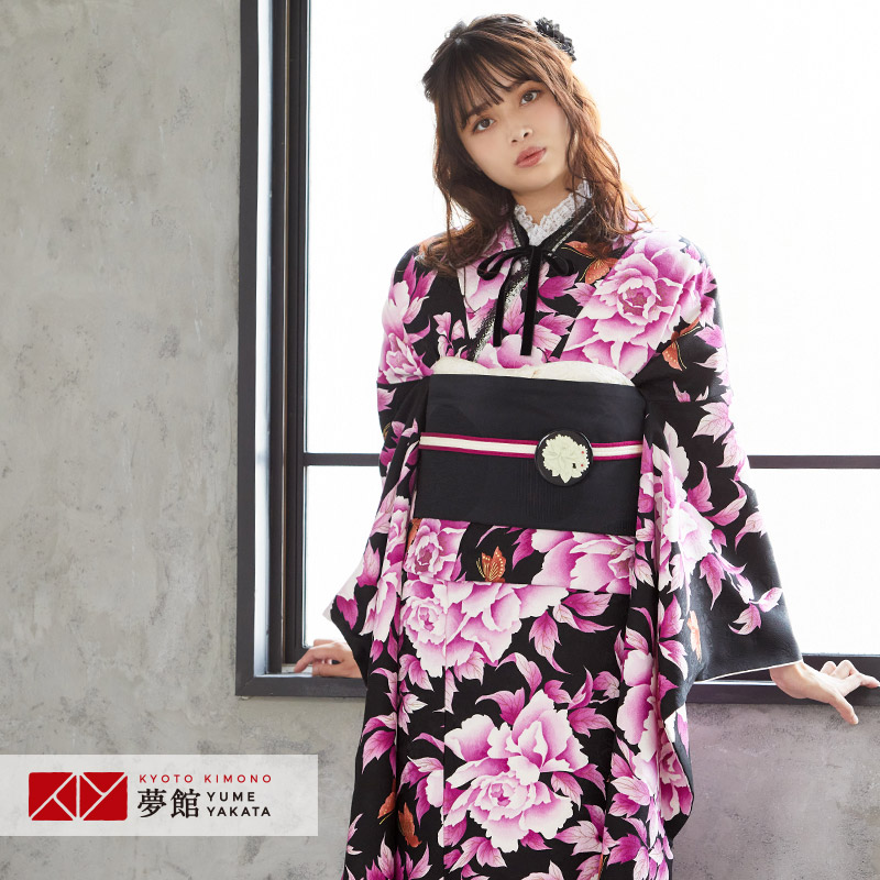 【振袖 レンタル】 結婚式 結納R457 正絹 黒 牡丹と蝶 振袖 レンタル フルセット ふりそで 振り袖 結婚式 披露宴 親族 卒業式 パーティー 結納 着物レンタル 貸衣装 女性 和服 往復送料無料
