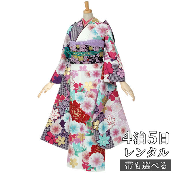 【振袖 レンタル】 結婚式 結納R499白×紫　牡丹と桜に鶴 ジャパンスタイル 振袖 レンタル フルセット ふりそで 振り袖 結婚式 披露宴 親族 卒業式 パーティー 結納 着物レンタル 貸衣装 女性 和服 往復送料無料