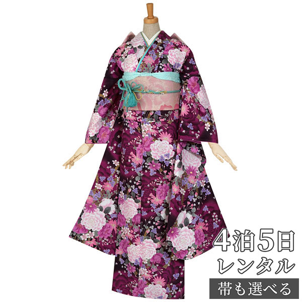 【振袖 レンタル】 結婚式 結納R504紫　薔薇とブーケ 振袖 レンタル フルセット ふりそで 振り袖 結婚式 披露宴 親族 卒業式 パーティー 結納 着物レンタル 貸衣装 女性 和服 往復送料無料
