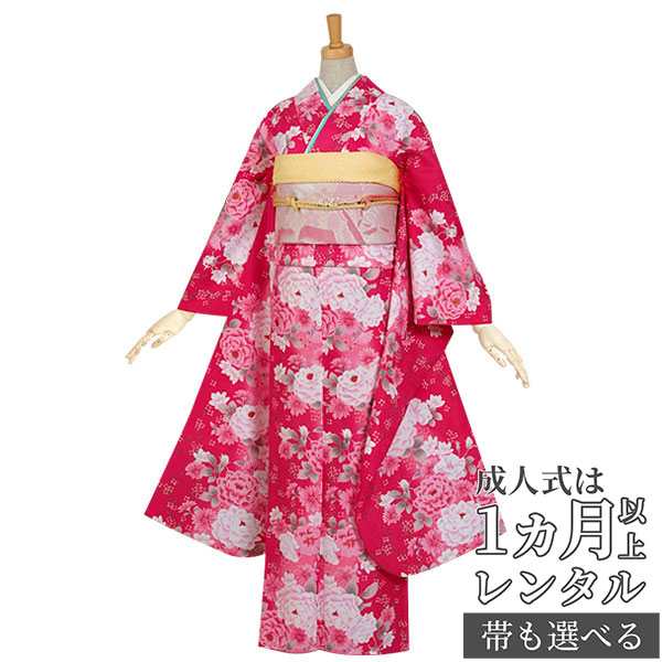 【成人式 振袖 レンタル】RS506ワイン　牡丹にマーガレットフルセット 往復送料無料 /女性和服/結婚式 和服 着物セット/小物 セット 振り袖 【レンタル】