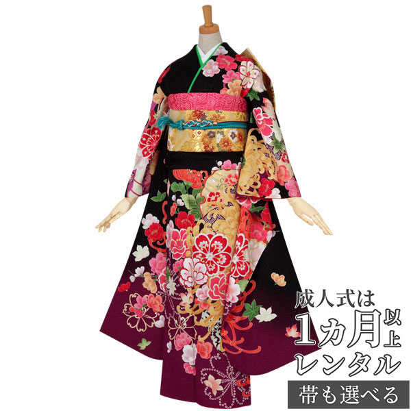 【成人式 振袖 レンタル】RS508 正絹 黒　雪輪に大輪菊と牡丹 Asuka フルセット 往復送料無料 /女性和服/結婚式 和服 着物セット/小物 セット 振り袖 【レンタル】