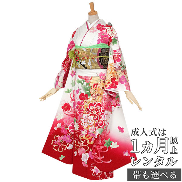 成人式早割クーポン10％オフ【振袖 レンタル】RS509 正絹 白　雪輪に大輪菊と牡丹フルセット 往復送料無料 /女性和服/結婚式 和服 着物セット/小物 セット 振り袖 【レンタル】
