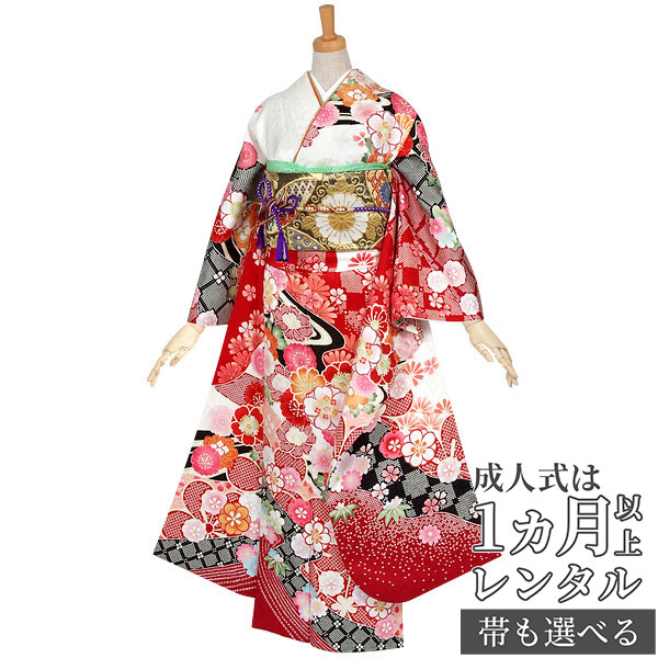 成人式早割クーポン10％オフ【振袖 レンタル】RS513 正絹 白　疋田市松に八重桜フルセット 往復送料無料 /女性和服/結婚式 和服 着物セット/小物 セット 振り袖 【レンタル】【訳あり】｜京都着物レンタル夢館