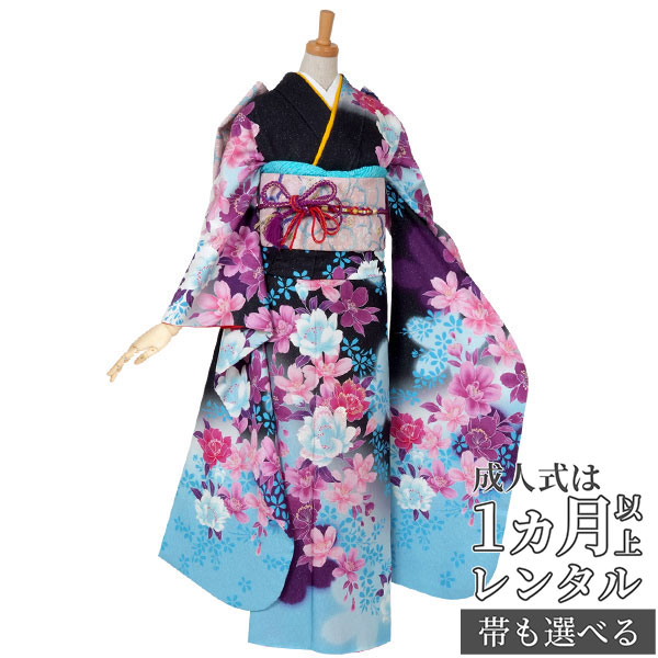 【成人式 振袖 レンタル】RS518 正絹 黒　ブルー暈し枝垂桜 hiromichi nakano フルセット 往復送料無料 /女性和服/結婚式 和服 着物セット/小物 セット 振り袖 【レンタル】【訳あり】 24,211円