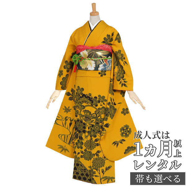 成人式早割クーポン10％オフ【振袖 レンタル】RS525 正絹 金茶　墨絵　四季草花フルセット 往復送料無料 /女性和服/結婚式 和服 着物セット/小物 セット 振り袖 【レンタル】 41,210円
