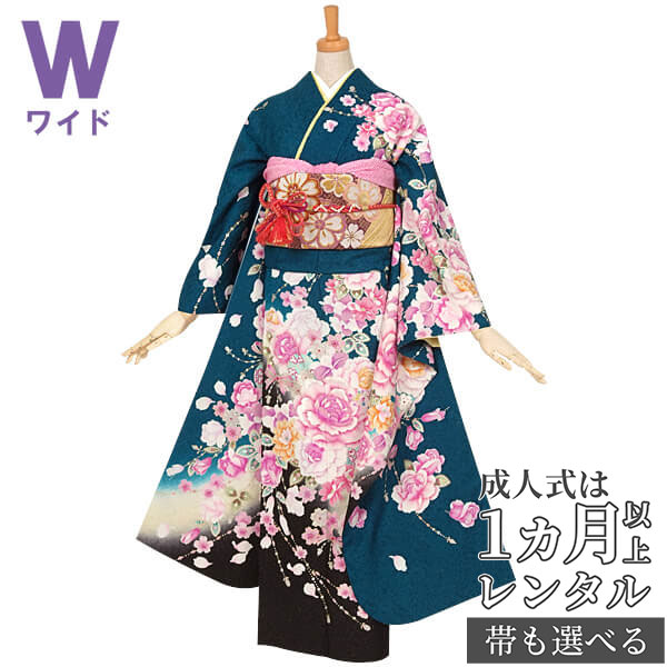 成人式早割クーポン10％オフ【振袖 レンタル】RS529 正絹 青緑　牡丹とリボンフルセット 往復送料無料 /女性和服/結婚式 和服 着物セット/小物 セット 振り袖 【レンタル】