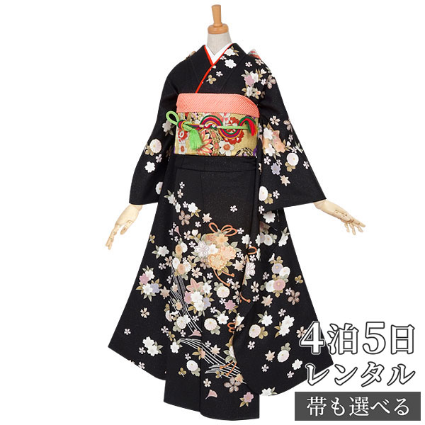 【振袖 レンタル】 結婚式 結納R537 正絹 黒　オレンジくす玉（桜刺繍） 振袖 レンタル フルセット ふりそで 振り袖 結婚式 披露宴 親族 卒業式 パーティー 結納 着物レンタル 貸衣装 女性 和服 往復送料無料