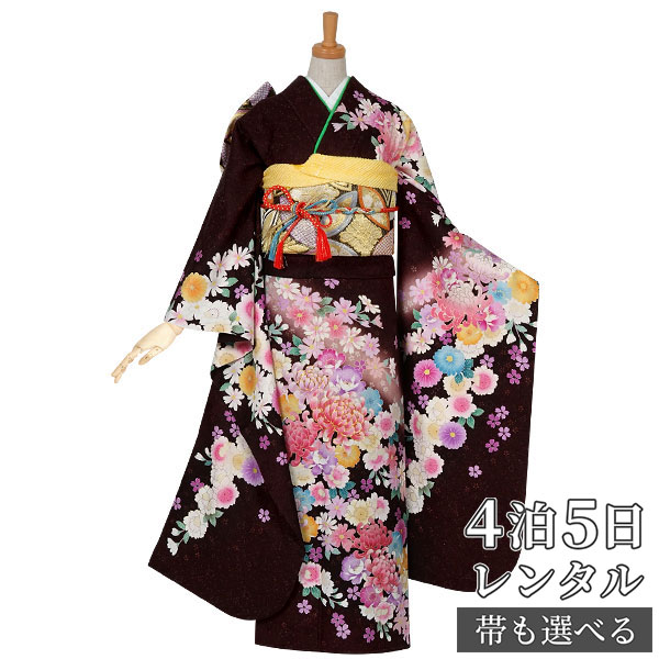 【振袖 レンタル】 結婚式 結納R572 正絹 茶　菊桜にコスモス 振袖 レンタル フルセット ふりそで 振り袖 結婚式 披露宴 親族 卒業式 パーティー 結納 着物レンタル 貸衣装 女性 和服 往復送料無料