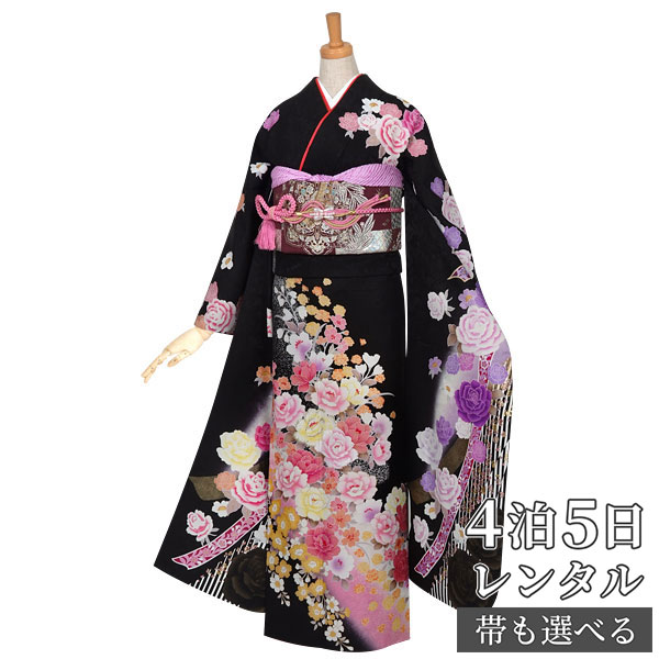 【振袖 レンタル】 結婚式 結納R602 正絹 黒 リボンに薔薇 振袖 レンタル フルセット ふりそで 振り袖 結婚式 披露宴 親族 卒業式 パーティー 結納 着物レンタル 貸衣装 女性 和服 往復送料無料