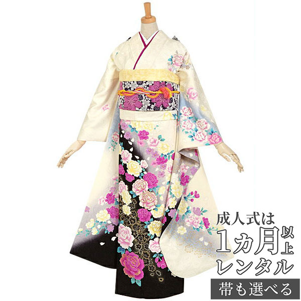 〔成人式 振袖 レンタル〕RS628 正絹 白　枝垂れ牡丹花フルセット 往復送料無料 /女性和服/結婚式 和服 着物セット/小物 セット 振り袖 【レンタル】｜京都着物レンタル夢館