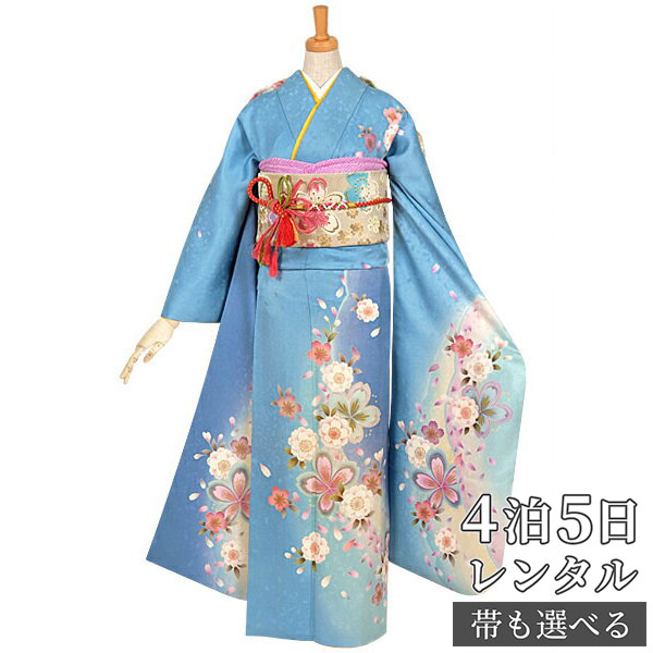 【振袖 レンタル】 結婚式 結納R629 正絹 水色　雪輪に八重桜 振袖 レンタル フルセット ふりそで 振り袖 結婚式 披露宴 親族 卒業式 パーティー 結納 着物レンタル 貸衣装 女性 和服 往復送料無料【訳あり】