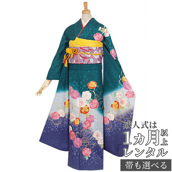 【成人式 振袖 レンタル】RS636 正絹 青緑　牡丹桜フルセット 往復送料無料 /女性和服/結婚式 和服 着物セット/小物 セット 振り袖 【レンタル】【訳あり】