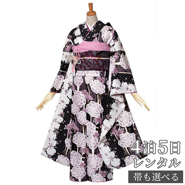 【振袖 レンタル】 結婚式 結納R641黒　ドットに白薔薇 振袖 レンタル フルセット ふりそで 振り袖 結婚式 披露宴 親族 卒業式 パーティー 結納 着物レンタル 貸衣装 女性 和服 往復送料無料