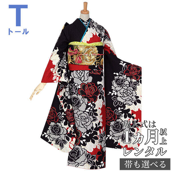成人式早割クーポン10％オフ【振袖 レンタル】RS700 正絹 赤・黒　シルエットローズ（R699）フルセット 往復送料無料 /女性和服/結婚式 和服 着物セット/小物 セット 振り袖 【レンタル】