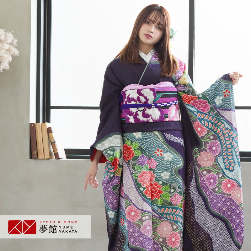 【振袖 レンタル】 結婚式 結納R708 正絹 紫紺　道長取七宝に菊牡丹 振袖 レンタル フルセット ふりそで 振り袖 結婚式 披露宴 親族 卒業式 パーティー 結納 着物レンタル 貸衣装 女性 和服 往復送料無料｜京都着物レンタル夢館