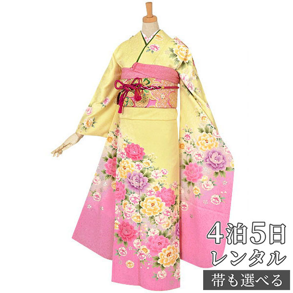 振り袖 着物 貸衣装 親族 振袖 レンタル レンタル レンタル 牡丹と八重桜 振袖 振袖 和服 振袖 160 164cm 2月 11月利用 ふりそで 着物レンタル 披露宴 レンタル 卒業式 結納 振袖セット 結婚式 結納r734黄色 振袖 パーティー 送料無料 結婚式 フルセット 貸衣装