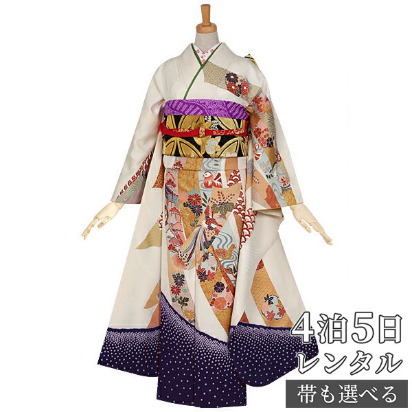 【振袖 レンタル】 結婚式 結納R759 正絹 白　花鳥熨斗目 振袖 レンタル フルセット ふりそで 振り袖 結婚式 披露宴 親族 卒業式 パーティー 結納 着物レンタル 貸衣装 女性 和服 往復送料無料【訳あり】