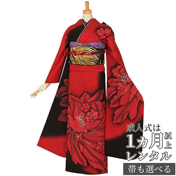 〔成人式 振袖 レンタル〕RS768 正絹 ルビーレッド　情熱の花フルセット 往復送料無料 /女性和服/結婚式 和服 着物セット/小物 セット 振り袖 【レンタル】｜京都着物レンタル夢館 42,120円