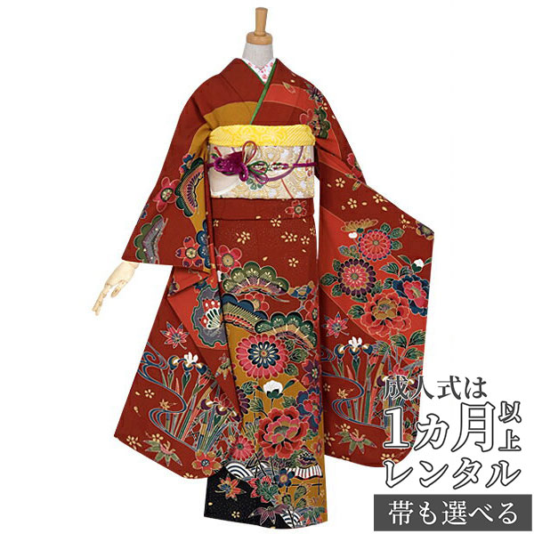 成人式早割クーポン10％オフ【振袖 レンタル】RS806 正絹 赤　菊牡丹に松竹梅フルセット 往復送料無料 /女性和服/結婚式 和服 着物セット/小物 セット 振り袖 【レンタル】