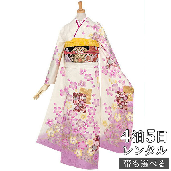 【振袖 レンタル】 結婚式 結納R830 正絹 白　色紙と桜流水 振袖 レンタル フルセット ふりそで 振り袖 結婚式 披露宴 親族 卒業式 パーティー 結納 着物レンタル 貸衣装 女性 和服 往復送料無料