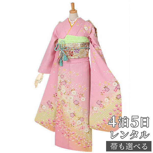【振袖 レンタル】 結婚式 結納R839 正絹 ピンク　桜 振袖 レンタル フルセット ふりそで 振り袖 結婚式 披露宴 親族 卒業式 パーティー 結納 着物レンタル 貸衣装 女性 和服 往復送料無料