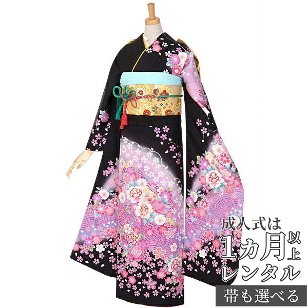 成人式早割クーポン10％オフ【振袖 レンタル】RS861 正絹 黒　桜牡丹に青海フルセット 往復送料無料 /女性和服/結婚式 和服 着物セット/小物 セット 振り袖 【レンタル】