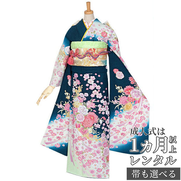 成人式早割クーポン10％オフ【振袖 レンタル】RS869 正絹 青緑　薔薇と菊のブーケフルセット 往復送料無料 /女性和服/結婚式 和服 着物セット/小物 セット 振り袖 【レンタル】
