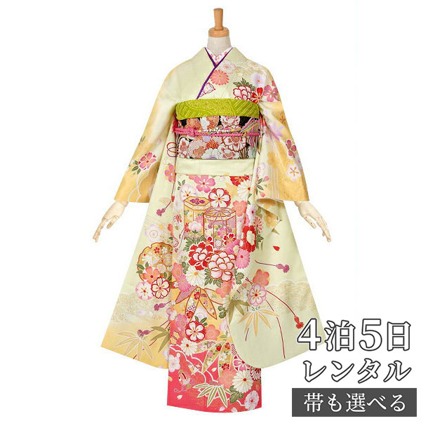 【振袖 レンタル】 結婚式 結納R873 正絹 黄　吉祥菊牡丹に貝桶 振袖 レンタル フルセット ふりそで 振り袖 結婚式 披露宴 親族 卒業式 パーティー 結納 着物レンタル 貸衣装 女性 和服 往復送料無料