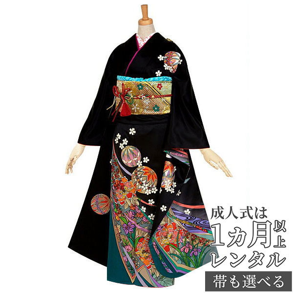 【新品　正絹お振袖　サイズ自由　オーダーメイド　フルセット　黒】 楽天市場】【成人式 振袖 レンタル】RS2025 正絹 黒 牡丹フル