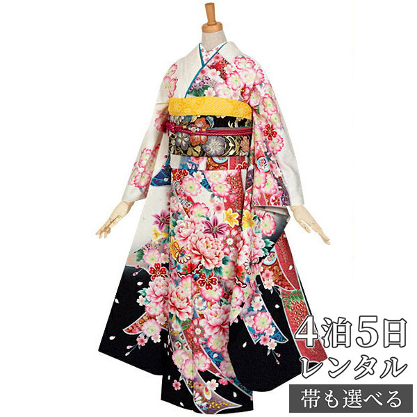 【振袖 レンタル】 結婚式 結納R895 正絹 白　熨斗目と鈴に牡丹花々 振袖 レンタル フルセット ふりそで 振り袖 結婚式 披露宴 親族 卒業式 パーティー 結納 着物レンタル 貸衣装 女性 和服 往復送料無料