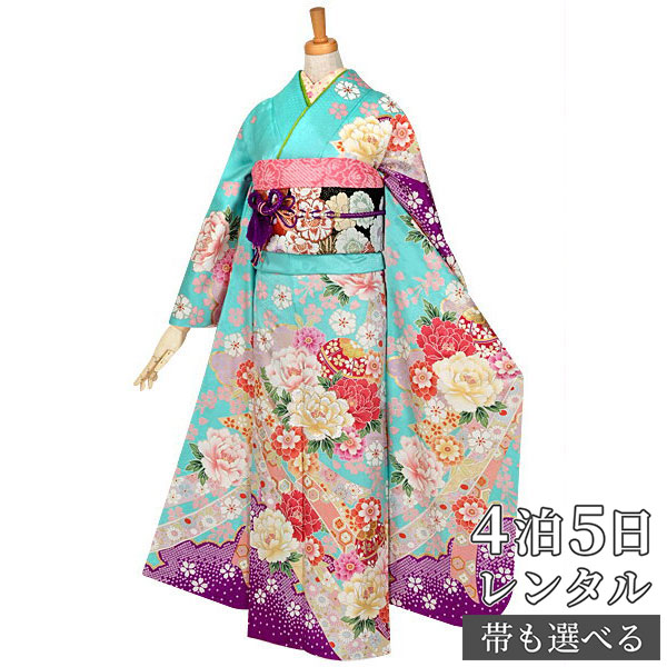 【振袖 レンタル】 結婚式 結納R897 正絹 水色　雲取り熨斗に牡丹 振袖 レンタル フルセット ふりそで 振り袖 結婚式 披露宴 親族 卒業式 パーティー 結納 着物レンタル 貸衣装 女性 和服 往復送料無料